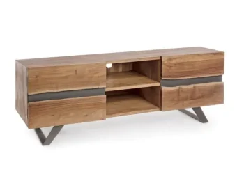 TV regal 2A ARON ima okvir iz lesa in jeklene noge, vrata imajo kovinski vložek. Dimenzije: širina: 160cm globina: 44cm višina: 65cm