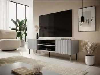TV regal ASANA, je eleganten in sodoben kos pohištva, izdelan iz laminirane iverne plošče in MDF-ja, s trdnimi kovinskimi nogami. V barvni kombinaciji