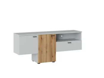 TV regal VIVIJA v sivi barvi s kombinacijo barve hrast, je izdelan iz visokokakovostne iverne plošče (debeline 16 mm in 22 mm), MDF-ja, in opremljen z ABS