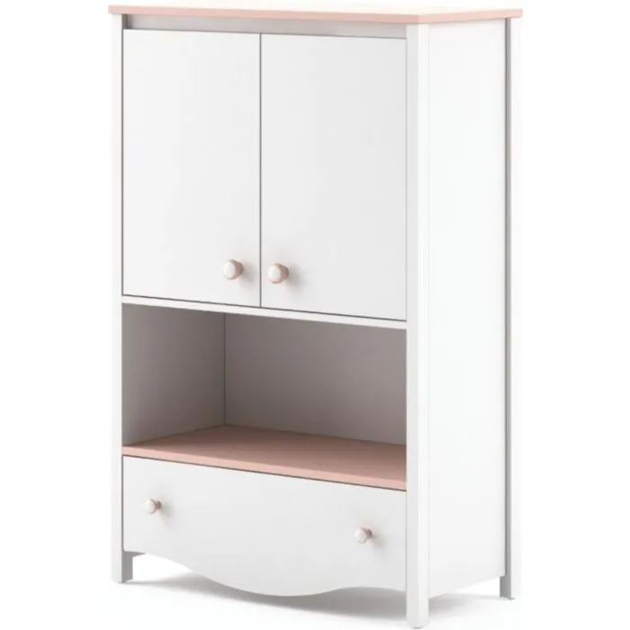 Visoka komoda BELLA Visoka komoda BELLA je komoda s predalom ter dvemi vrati. Je zelo prostorna in zaradi svoje nežne barve primerna za vsako dekliško spalnico. Material: -