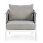 Vrtni fotelj FLORENCIA WG20 bela ima aluminjast okvir, ki je prašno barvan (poliester). Tkanje Okrog je iz tetoran vrvi (100% poliester). Hrbtne ter sedežne