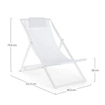 Vrtni ležalnik TAYLOR bela ima aluminjasto konstrukcijo, prašno barvan (poliester). Sedež in hrbet sta iz tekstilena, okovje je iz jekla. Ima tri različne