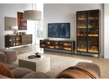 Dnevni regal LUMPI je sestavljen iz kar treh prostornih elementov: visoke vitrine z led osvetljavo, komode z led ter TV regala z led. Visoka vitrina LUMPI ni