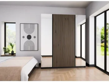 Garderobna omara EVITA 200 cm ima moderen dizajn. Narejena je iz laminirane plošče debeline 16 mm. Stranice so v črni barvi, fronte pa v lesu v kombinaciji