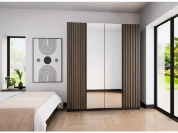 Garderobna omara EVITA 3 200 cm ima moderen dizajn. Narejena je iz laminirane plošče debeline 16 mm. Stranice so v črni barvi, fronte pa v lesu v