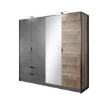Elegantna in moderna garderobna omara NEDA je narejena iz odličnih materialov v antik sivem/hrast dekorju. Kombinacija hrastovih desk in temno sive kovine,