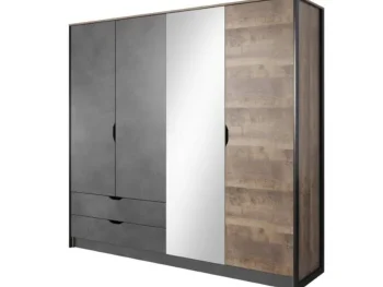 Elegantna in moderna garderobna omara NEDA je narejena iz odličnih materialov v antik sivem/hrast dekorju. Kombinacija hrastovih desk in temno sive kovine,