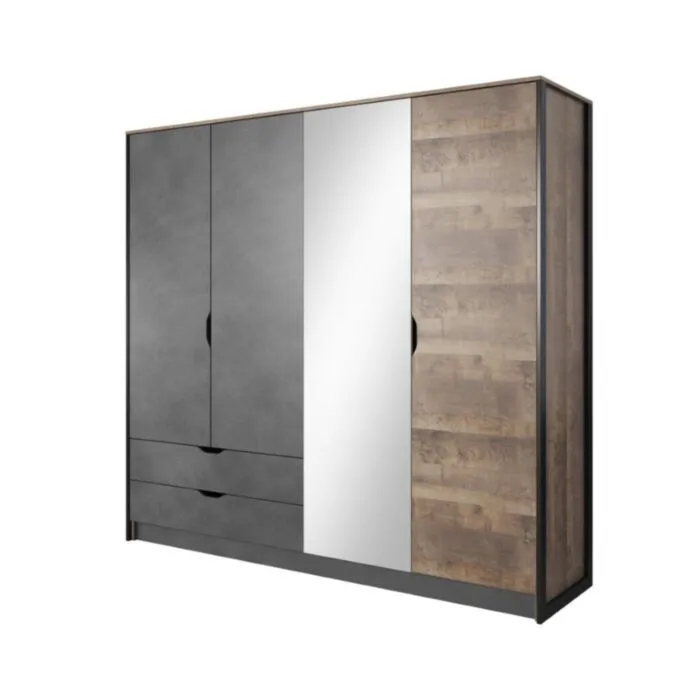 Garderobna omara NEDA Elegantna in moderna garderobna omara NEDA je narejena iz odličnih materialov v antik sivem/hrast dekorju. Kombinacija hrastovih desk in temno sive kovine,