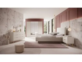 Elegantna in moderna spalnica LILJA, je narejena iz odličnih materialov v barvi beige. Sestavljena je iz garderobne omare, komode, postelje z zabojom za