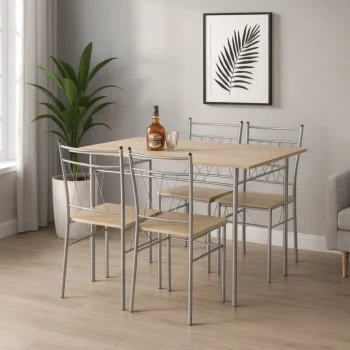 Kuhinjska garnitura FALSET je komplet za jedilnico, sestavljen iz mize in štirih stolov. Pohištvo je narejeno iz kvalitetnih materialov. Miza je narejena iz