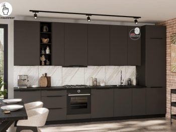 Kuhinjski blok ARIANA 390 cm je elegantna kuhinja v več barvnih kombinacij. Kuhinja je izdelana iz oplemenitenih ivernih plošč debeline 16 mm, prevlečenih