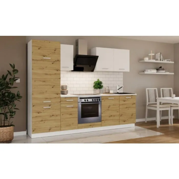 Kuhinjski blok CALIFORNIA HRAST 260 cm z vgradnimi aparati Kuhinjski blok CALIFORNIA 260 cm z vgradnimi aparati je izdelana iz oplemenitenih ivernih plošč debeline 16 mm, oblečena v dekor, kateri jo ščiti pred