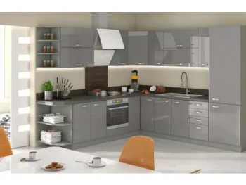 Kuhinjski blok ELITE 260 x 270 cm z vgradnimi aparati je izdelana iz oplemenitenih ivernih plošč debeline 16 mm in ABS robovi oblečena v dekor, kateri jo