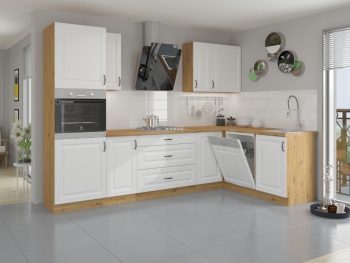 Kuhinjski blok STIL je dolžine 285 x 180 cm. Kuhinja je narejena iz kvalitetnega iverala debeline 18 mm. Delovni pult je laminiran v hrast barvi debeline
