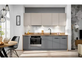 Kuhinjski blok VIVIANA 240 cm z vgradnimi aparati, je modernega dizajna v sivi / kašmir barvi. Stranice so narejene iz laminirane plošče debeline 16 mm,