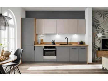 Kuhinjski blok VIVIANA 300 cm z vgradnimi aparati, je modernega dizajna v sivi / kašmir barvi. Stranice so narejene iz laminirane plošče debeline 16 mm,