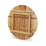 Miza BASS dimenzije fi 100 cm , narejena v celoti iz naturalnega lesa. Zaščitena je z lakom. Primerna za pokrite terase, balkone, vikendice, kamp prikolice,