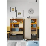 Mladinska spalnica KINDER je primerna za vsako mladinsko sobo, saj ima zanimivo geometrijo izdelkov s pridihom naravnega hrasta v kombinaciji temne ter svetle