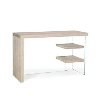 Pisalna miza BILBAO je dobavljiva v barvi lesa. Hrbet in desna stranica sta iz kaljenega stekla, debeline 10mm. Vrh, police in leva stran pa so iz MDF