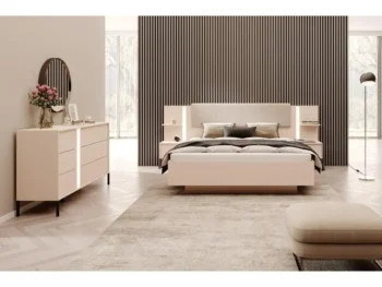 Elegantna in moderna spalnica DAŠA je narejena iz odličnih materialov v barvi beige. V ceno je vključen dvižni pod in dve elegantni nočni omarici. Ima ABS