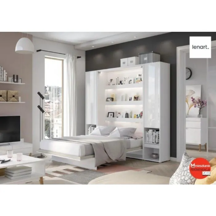 Postelja v omari METULJ 90 x 200 cm - bela visoki sijaj Navpična stenska postelja METULJ je primerna za vzmetnico 90 cm širine. Opremljena je z dodatnimi notranjimi policami. Primerna je tudi za majhno