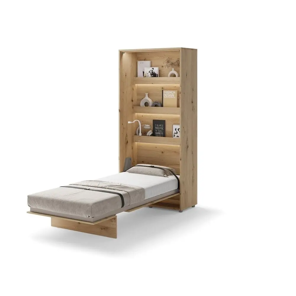 Postelja v omari METULJ 90 x 200 cm Navpična stenska postelja METULJ je primerna za vzmetnico 90 cm širine. Opremljena je z dodatnimi notranjimi policami. Primerna je tudi za majhno