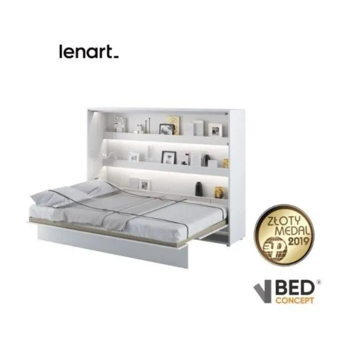 Postelja v omari ZVONČEK 140 x 200cm - bela visoki sijaj Vodoravna stenska postelja ZVONČEK je primerna za vzmetnico 140 cm širine. Opremljena je z dodatnimi notranjimi policami. Primerna je tudi za majhno