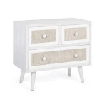 Predalnik 2C-1C MONTIEL je narejen iz MDF-ja, sprednja stran predala je ovlečena v tkanino, noge so iz kovine. Ima poseben in eleganten dizajn, ki popestri