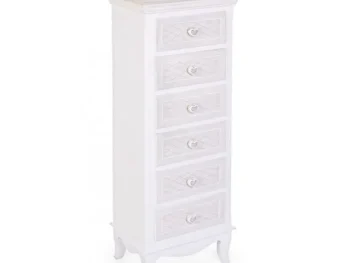 Predalnik 6C CHARLENE je narejena iz MDF-ja in ima gumbe iz polismole. Material: - Polismola - MDF Barva: - Bela - Vzorci Dimenzije: širina: 40cm globina: