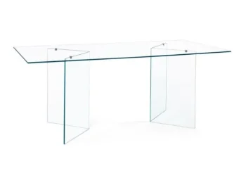 Steklena jedila miza IRIDE 180 x 90 je modernega dizajna. Sestavljajo jo 10 mm debele steklene noge in mizna plošča iz 10 mm debelega kaljenega stekla. Miza
