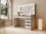 Moderna toaletna miza TEREZA 2 je funkcionalna in elegantna. Komplet je sestavljen iz: elegantne mize z štirimi predali ob strani ter velikim predalom pod