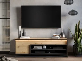 TV omara KVIN v sodobnem izgledu in modernem dizajnu. Odlična je za shranjevanje vseh nepotrebnih stvari, ki se nabirajo v dnevni sobi. Ima zanimiv dekor in