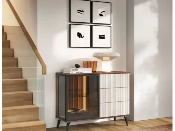 Komoda VILMA MINI je sodobna in elegantna. Narejena je iz kakovostnega MDF-ja in visokokakovostnega stekla. Zaradi svoje oblike in visokokakovostnih materialov