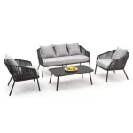 Vrtna garnitura ROBIN, modernega ter elegantnega dizajna. Ogrodje je narejeno iz prašno barvanega aluminija v temno sivi barvi. Za dodatno udobje poskrbijo