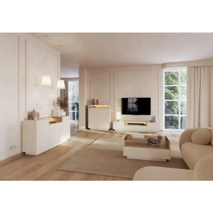 Dnevni regal HAKO je elegantna in sodobna. Sestavljen je iz kar štirih elementov: visoke komode, komode, TV regala in klubske mizice. Izdelan je iz kakovostne