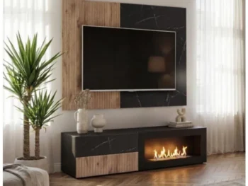 Dnevni regal KANSAS je prefinjenega videza. Regal ima stenski panel z elegantnim videzom, v kombinaciji črnega marmorja ter lamel v hrast barvi. Tv omarica
