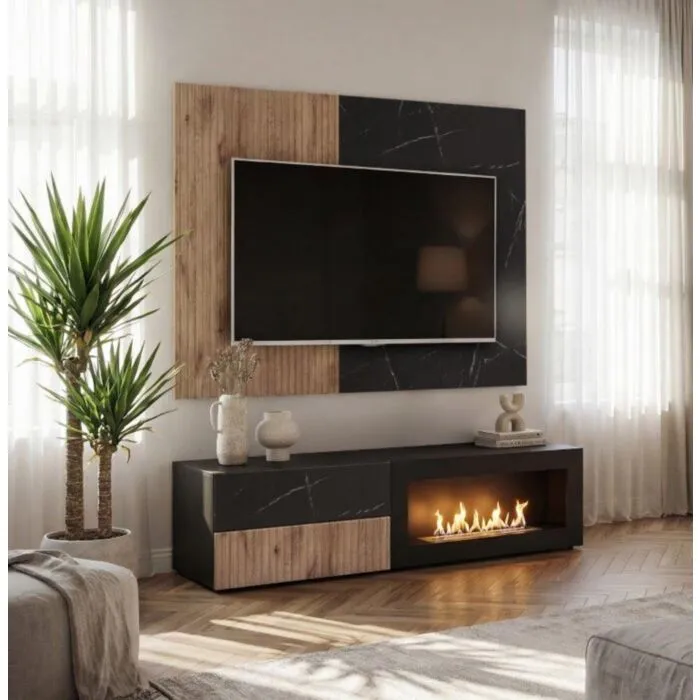Dnevni regal KANSAS je prefinjenega videza. Regal ima stenski panel z elegantnim videzom, v kombinaciji črnega marmorja ter lamel v hrast barvi. Tv omarica