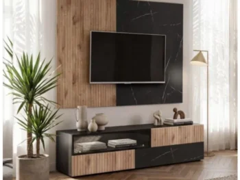 Dnevni regal KANSAS je prefinjenega videza. Regal ima stenski panel z elegantnim videzom, v kombinaciji črnega marmorja ter lamel v hrast barvi. Tv omarica