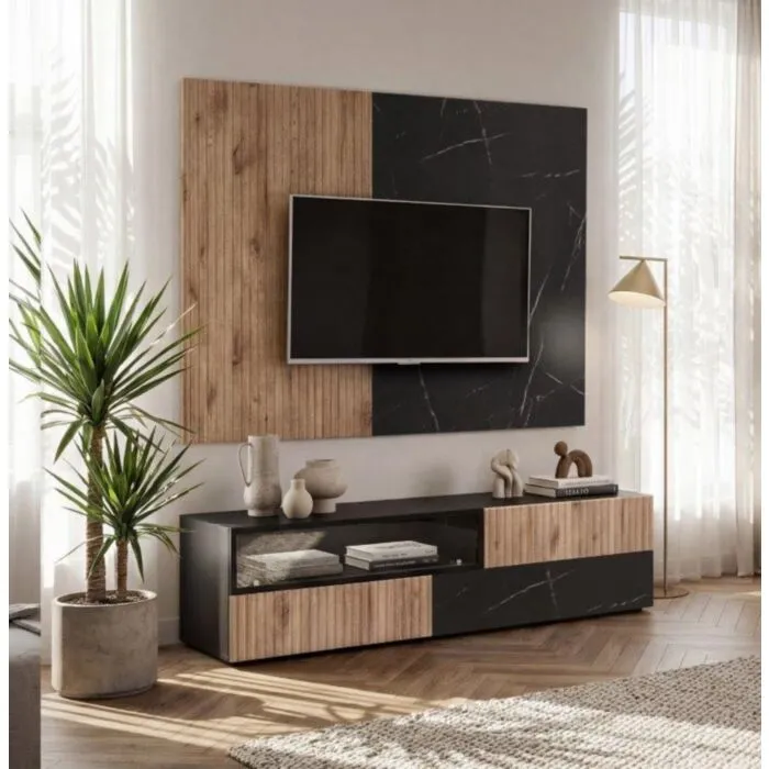 Dnevni regal KANSAS je prefinjenega videza. Regal ima stenski panel z elegantnim videzom, v kombinaciji črnega marmorja ter lamel v hrast barvi. Tv omarica