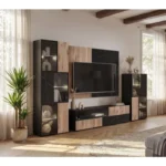 Dnevni regal KARAMELA je prefinjenega videza. Regal ima stenski panel z elegantnim videzom, v kombinaciji črnega marmorja ter lamel v hrast barvi. Tv omarica