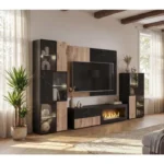Dnevni regal KARAMELA je prefinjenega videza. Regal ima stenski panel z elegantnim videzom, v kombinaciji črnega marmorja ter lamel v hrast barvi. Tv omarica