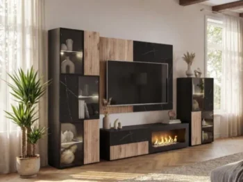 Dnevni regal KARAMELA je prefinjenega videza. Regal ima stenski panel z elegantnim videzom, v kombinaciji črnega marmorja ter lamel v hrast barvi. Tv omarica