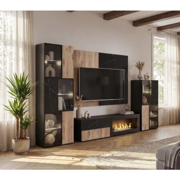 Dnevni regal KARAMELA je prefinjenega videza. Regal ima stenski panel z elegantnim videzom, v kombinaciji črnega marmorja ter lamel v hrast barvi. Tv omarica