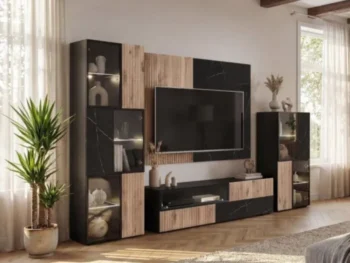 Dnevni regal KARAMELA je prefinjenega videza. Regal ima stenski panel z elegantnim videzom, v kombinaciji črnega marmorja ter lamel v hrast barvi. Tv omarica