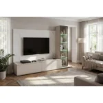 Dnevni regal LUMINA je prefinjenega videza. Regal ima stenski panel z elegantnim videzom belega marmorja. Tv omarica ima dva prostora za shranjevanje. Omarica