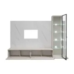 Dnevni regal LUMINA 2 je prefinjenega videza. Regal ima stenski panel z elegantnim videzom belega marmorja. Tv omarica ima dva prostora za shranjevanje.
