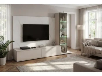 Dnevni regal LUMINA je prefinjenega videza. Regal ima stenski panel z elegantnim videzom belega marmorja. Tv omarica ima dva prostora za shranjevanje. Omarica