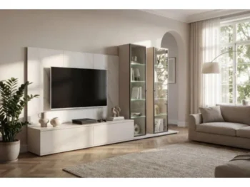 Dnevni regal LUMINA je prefinjenega videza. Regal ima stenski panel z elegantnim videzom belega marmorja. Tv omarica ima dva prostora za shranjevanje. Omarica