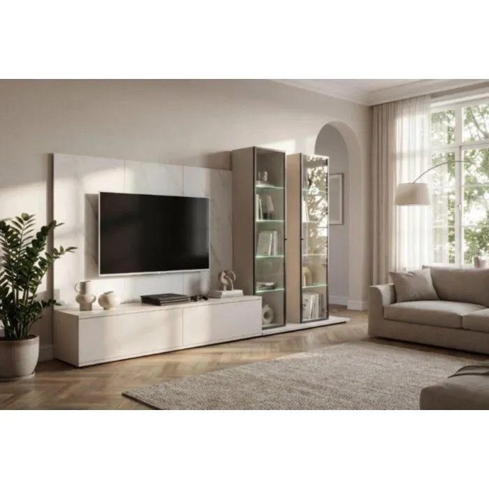 Dnevni regal LUMINA Dnevni regal LUMINA je prefinjenega videza. Regal ima stenski panel z elegantnim videzom belega marmorja. Tv omarica ima dva prostora za shranjevanje. Omarica