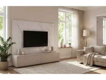 Dnevni regal LUMINA je prefinjenega videza. Regal ima stenski panel z elegantnim videzom belega marmorja. Tv omarica ima dva prostora za shranjevanje. Omarica